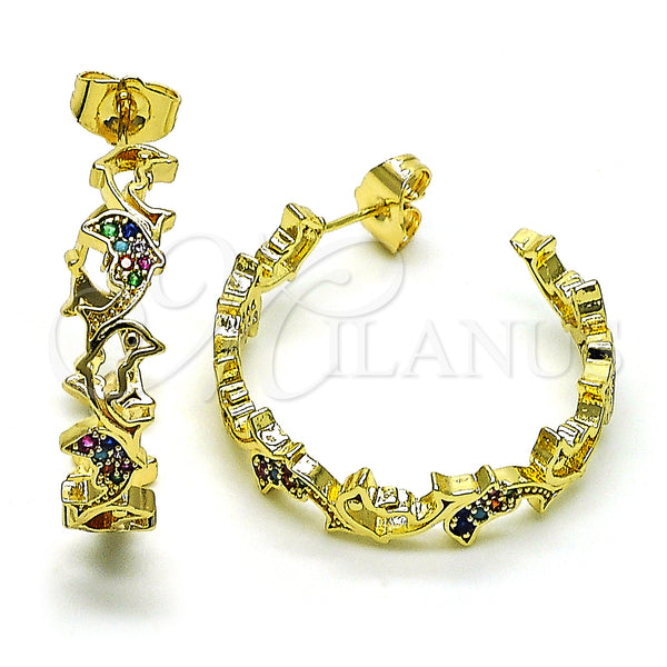 Gold Filled Hoop Earrings — Medium Hoop Dolphin Design with Multicolor Micro Pave — main product view — SKU 149882 | Oro Laminado aretes de aro — Medium Hoop Dolphin diseño with Multicolor Micro Pave — SKU 149882