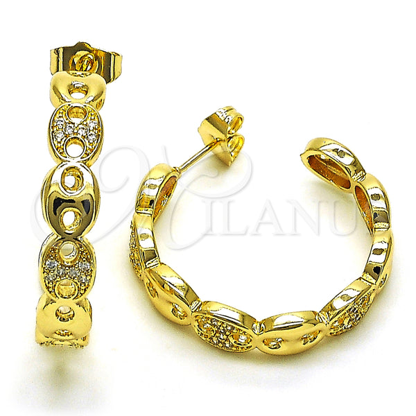 Gold Filled Hoop Earrings — Medium Hoop Puff Mariner Design with White Micro — main product view — SKU 149883 | Oro Laminado aretes de aro — Medium Hoop Puff Mariner diseño with blanco Micro — SKU 149883