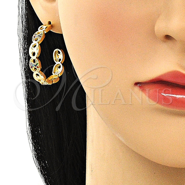 Gold Filled Hoop Earrings — Medium Hoop Puff Mariner Design with Multicolor Micro — alternate product view — SKU 149884 | Oro Laminado aretes de aro — Medium Hoop Puff Mariner diseño with Multicolor Micro — SKU 149884