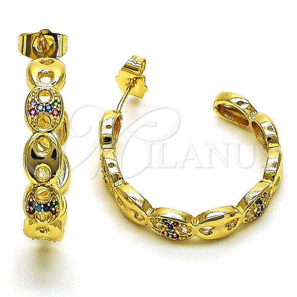 Gold Filled Hoop Earrings — Medium Hoop Puff Mariner Design with Multicolor Micro — main product view — SKU 149884 | Oro Laminado aretes de aro — Medium Hoop Puff Mariner diseño with Multicolor Micro — SKU 149884