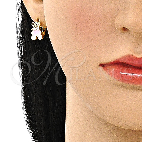 Gold Filled Hoop Earrings — Huggie Hoop Teddy Bear Design with White Micro — alternate product view — SKU 149887 | Oro Laminado aretes de aro — Huggie Hoop Teddy Bear diseño with blanco Micro — SKU 149887