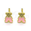 Oro Laminado Huggie Hoop, Gold Filled Style Teddy Bear Design, with White Micro Pave and White Cubic Zirconia, Pink Enamel Finish, Golden Finish, 02.210.0788.10