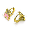 Oro Laminado Huggie Hoop, Gold Filled Style Teddy Bear Design, with White Micro Pave and White Cubic Zirconia, Pink Enamel Finish, Golden Finish, 02.210.0788.10