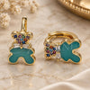 Oro Laminado Huggie Hoop, Gold Filled Style Teddy Bear Design, with Multicolor Micro Pave and White Cubic Zirconia, Turquoise Enamel Finish, Golden Finish, 02.210.0788.1.10