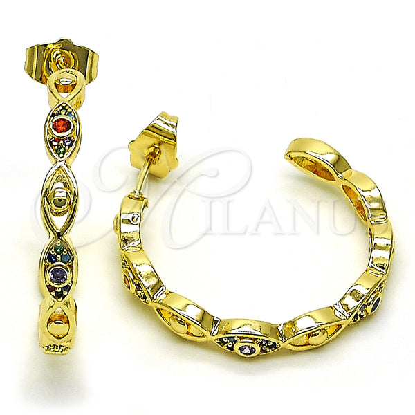 Gold Filled Hoop Earrings — Medium Hoop Evil Eye Design with Multicolor Micro — main product view — SKU 149890 | Oro Laminado aretes de aro — Medium Hoop Evil Eye diseño with Multicolor Micro — SKU 149890
