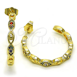 Gold Filled Hoop Earrings — Medium Hoop Evil Eye Design with Multicolor Micro — main product view — SKU 149890 | Oro Laminado aretes de aro — Medium Hoop Evil Eye diseño with Multicolor Micro — SKU 149890
