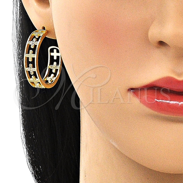 Gold Filled Hoop Earrings — Medium Hoop Cross Design with White Micro Pave — alternate product view — SKU 149893 | Oro Laminado aretes de aro — Medium Hoop cruz diseño with blanco Micro Pave — SKU 149893