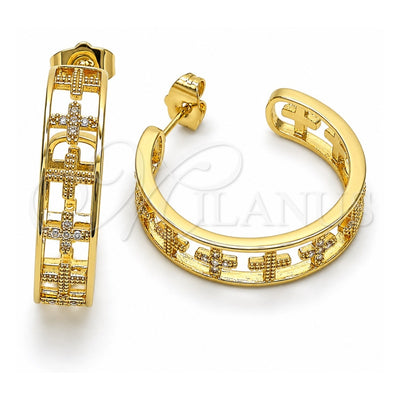 Oro Laminado Medium Hoop, Gold Filled Style Cross Design, with White Micro Pave, Polished, Golden Finish, 02.210.0791.30