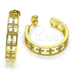 Gold Filled Hoop Earrings — Medium Hoop Cross Design with White Micro Pave — main product view — SKU 149893 | Oro Laminado aretes de aro — Medium Hoop cruz diseño with blanco Micro Pave — SKU 149893
