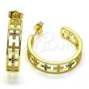 Gold Filled Hoop Earrings — Medium Hoop Cross Design with Multicolor Micro Pave — main product view — SKU 149894 | Oro Laminado aretes de aro — Medium Hoop cruz diseño with Multicolor Micro Pave — SKU 149894