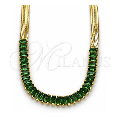 Oro Laminado Fancy Necklace, Gold Filled Style Baguette Design, with Green Cubic Zirconia, Polished, Golden Finish, 04.341.0097.8.13 (05 MM Thickness, 13 Inches Length)