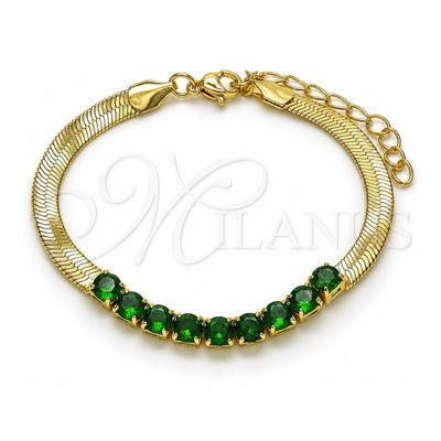 Oro Laminado Fancy Bracelet, Gold Filled Style Baguette Design, with Green Cubic Zirconia, Polished, Golden Finish, 03.341.0187.07 (05 MM Thickness, 7 Inches Length)