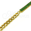 Oro Laminado Fancy Bracelet, Gold Filled Style Miami Cuban and Baguette Design, with Green Cubic Zirconia, Polished, Golden Finish, 03.341.0190.07 (06 MM Thickness, 7 Inches Length)