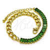 Oro Laminado Fancy Bracelet, Gold Filled Style Miami Cuban and Baguette Design, with Green Cubic Zirconia, Polished, Golden Finish, 03.341.0190.07 (06 MM Thickness, 7 Inches Length)