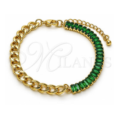 Oro Laminado Fancy Bracelet, Gold Filled Style Miami Cuban and Baguette Design, with Green Cubic Zirconia, Polished, Golden Finish, 03.341.0190.07 (06 MM Thickness, 7 Inches Length)