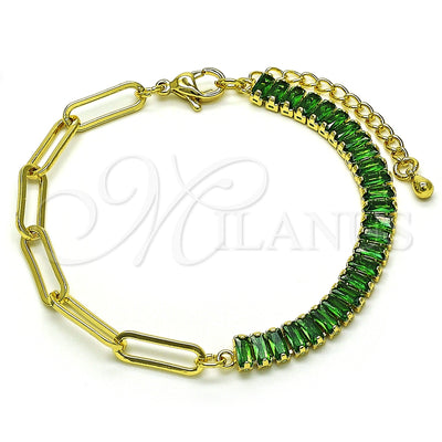 Oro Laminado Fancy Bracelet, Gold Filled Style Paperclip and Baguette Design, with Green Cubic Zirconia for wholesale, main product view