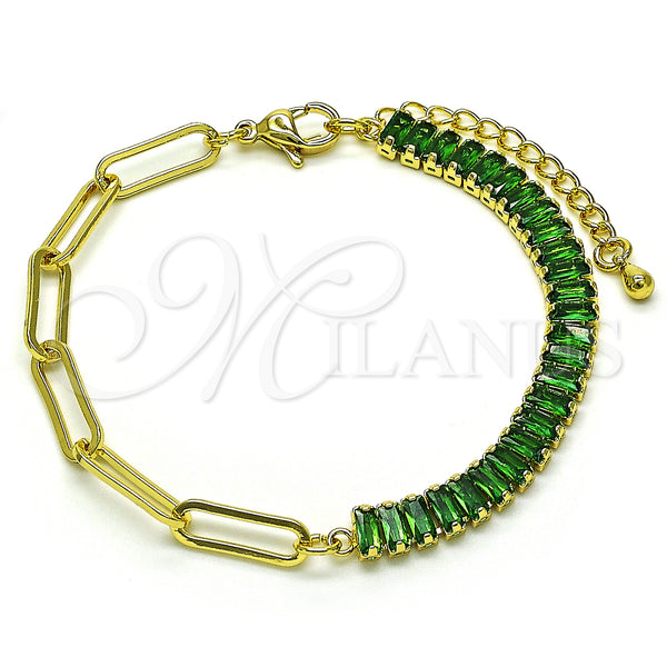 Gold Filled Bracelet — Fancy Bracelet Paperclip and Baguette Design with Green — main product view — SKU 149923 | Oro Laminado brazalete — elegante Bracelet Paperclip and Baguette diseño with Green — SKU 149923