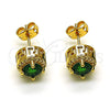 Oro Laminado Stud Earring, Gold Filled Style with Green Cubic Zirconia and White Micro Pave, Polished, Golden Finish, 02.342.0200