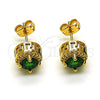 Oro Laminado Stud Earring, Gold Filled Style Cluster and Greek Key Design, with Green Cubic Zirconia and White Micro Pave, Polished, Golden Finish, 02.342.0200