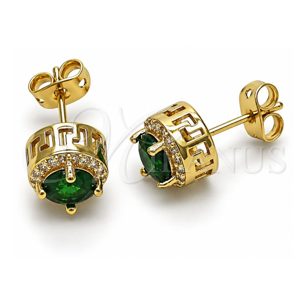 Oro Laminado Stud Earring, Gold Filled Style Cluster and Greek Key Design, with Green Cubic Zirconia and White Micro Pave, Polished, Golden Finish, 02.342.0200