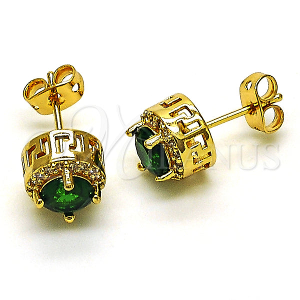 Oro Laminado Stud Earring, Gold Filled Style Cluster and Greek Key Design, with Green Cubic Zirconia and White Micro Pave, Polished, Golden Finish, 02.342.0200
