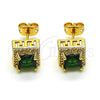 Oro Laminado Stud Earring, Gold Filled Style Cluster and Greek Key Design, with Green Cubic Zirconia and White Micro Pave, Polished, Golden Finish, 02.342.0201