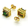 Oro Laminado Stud Earring, Gold Filled Style Cluster and Greek Key Design, with Green Cubic Zirconia and White Micro Pave, Polished, Golden Finish, 02.342.0201