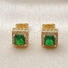 Oro Laminado Stud Earring, Gold Filled Style Cluster and Greek Key Design, with Green Cubic Zirconia and White Micro Pave, Polished, Golden Finish, 02.342.0201