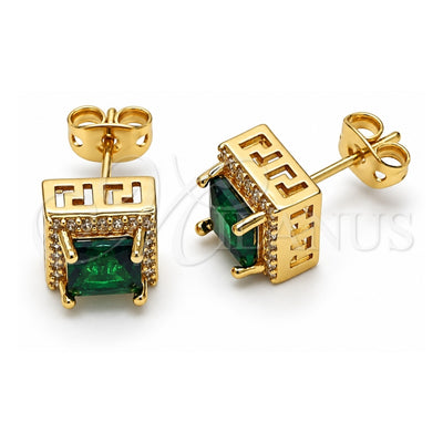 Oro Laminado Stud Earring, Gold Filled Style Cluster and Greek Key Design, with Green Cubic Zirconia and White Micro Pave, Polished, Golden Finish, 02.342.0201