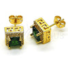 Oro Laminado Stud Earring, Gold Filled Style Cluster and Greek Key Design, with Green Cubic Zirconia and White Micro Pave, Polished, Golden Finish, 02.342.0201