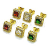 Oro Laminado Stud Earring, Gold Filled Style Cluster and Greek Key Design, with Green Cubic Zirconia and White Micro Pave, Polished, Golden Finish, 02.342.0201