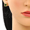 Oro Laminado Stud Earring, Gold Filled Style with Green Cubic Zirconia and White Micro Pave, Polished, Golden Finish, 02.342.0208