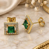 Oro Laminado Stud Earring, Gold Filled Style with Green Cubic Zirconia and White Micro Pave, Polished, Golden Finish, 02.342.0208