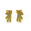 Oro Laminado Stud Earring, Gold Filled Style Teddy Bear Design, with White Micro Pave, Polished, Golden Finish, 02.342.0211