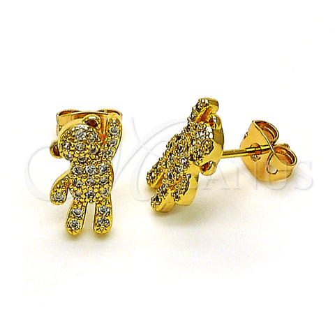 Oro Laminado Stud Earring, Gold Filled Style Teddy Bear Design, with White Micro Pave, Polished, Golden Finish, 02.342.0211