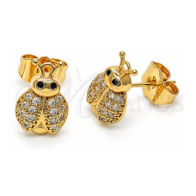 Oro Laminado Stud Earring, Gold Filled Style Ladybug Design, with White and Black Micro Pave, Polished, Golden Finish, 02.310.0095