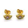 Oro Laminado Stud Earring, Gold Filled Style Evil Eye Design, with White Micro Pave, Red Enamel Finish, Golden Finish, 02.310.0104