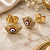 Oro Laminado Stud Earring, Gold Filled Style Evil Eye Design, with White Micro Pave, Red Enamel Finish, Golden Finish, 02.310.0104
