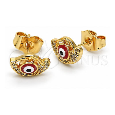 Oro Laminado Stud Earring, Gold Filled Style Evil Eye Design, with White Micro Pave, Red Enamel Finish, Golden Finish, 02.310.0104