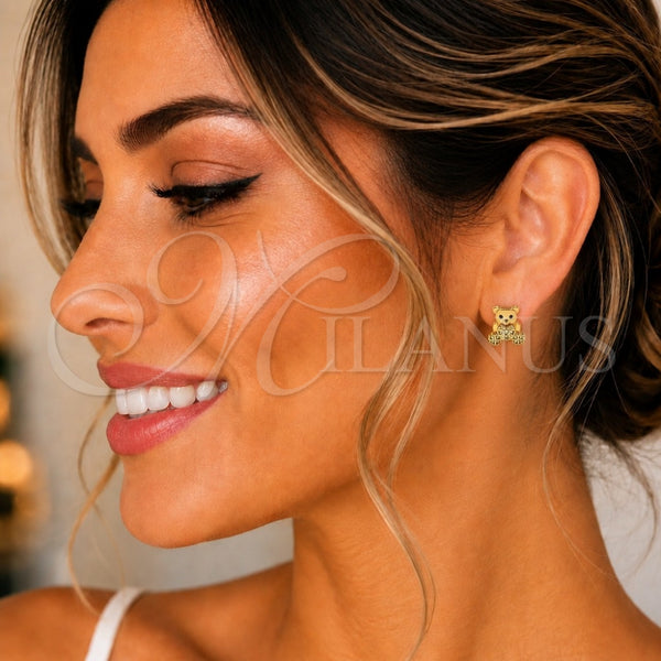 Oro Laminado Stud Earring, Gold Filled Style Teddy Bear and Heart Design, with White and Black Micro Pave, Polished, Golden Finish, 02.310.0106