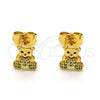 Oro Laminado Stud Earring, Gold Filled Style Teddy Bear and Heart Design, with White and Black Micro Pave, Polished, Golden Finish, 02.310.0106