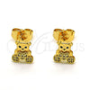 Oro Laminado Stud Earring, Gold Filled Style Teddy Bear and Heart Design, with White and Black Micro Pave, Polished, Golden Finish, 02.310.0106