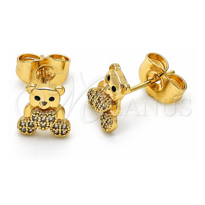 Oro Laminado Stud Earring, Gold Filled Style Teddy Bear and Heart Design, with White and Black Micro Pave, Polished, Golden Finish, 02.310.0106