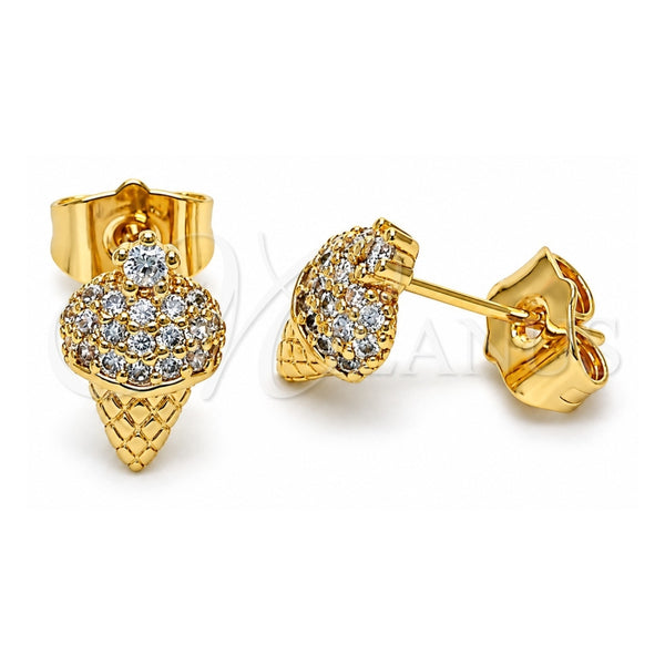 Oro Laminado Stud Earring, Gold Filled Style Ice Cream Design, with White Micro Pave, Polished, Golden Finish, 02.310.0107