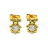 Oro Laminado Stud Earring, Gold Filled Style Teddy Bear and Heart Design, with White Cubic Zirconia and White Micro Pave, Polished, Golden Finish, 02.310.0109
