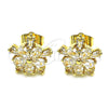 Oro Laminado Stud Earring, Gold Filled Style Flower and Baguette Design, with White Cubic Zirconia, Polished, Golden Finish, 02.283.0047