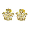 Oro Laminado Stud Earring, Gold Filled Style Flower and Baguette Design, with White Cubic Zirconia, Polished, Golden Finish, 02.283.0047