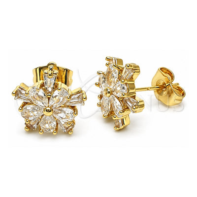 Oro Laminado Stud Earring, Gold Filled Style Flower and Baguette Design, with White Cubic Zirconia, Polished, Golden Finish, 02.283.0047