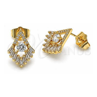 Oro Laminado Stud Earring, Gold Filled Style Baguette Design, with White Cubic Zirconia and White Micro Pave, Polished, Golden Finish, 02.283.0049