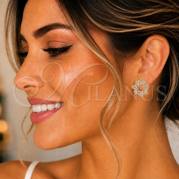Oro Laminado Stud Earring, Gold Filled Style Baguette Design, with White Cubic Zirconia, Polished, Golden Finish, 02.283.0050